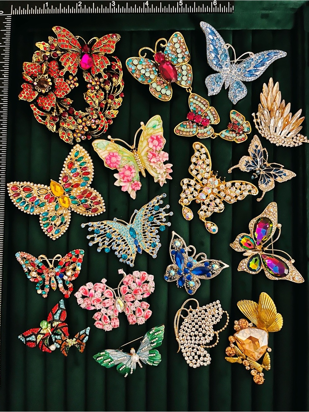 Lot of 17 Butterfly Brooches Statement Rhinestone Crystal Enamel Insect Pin Set